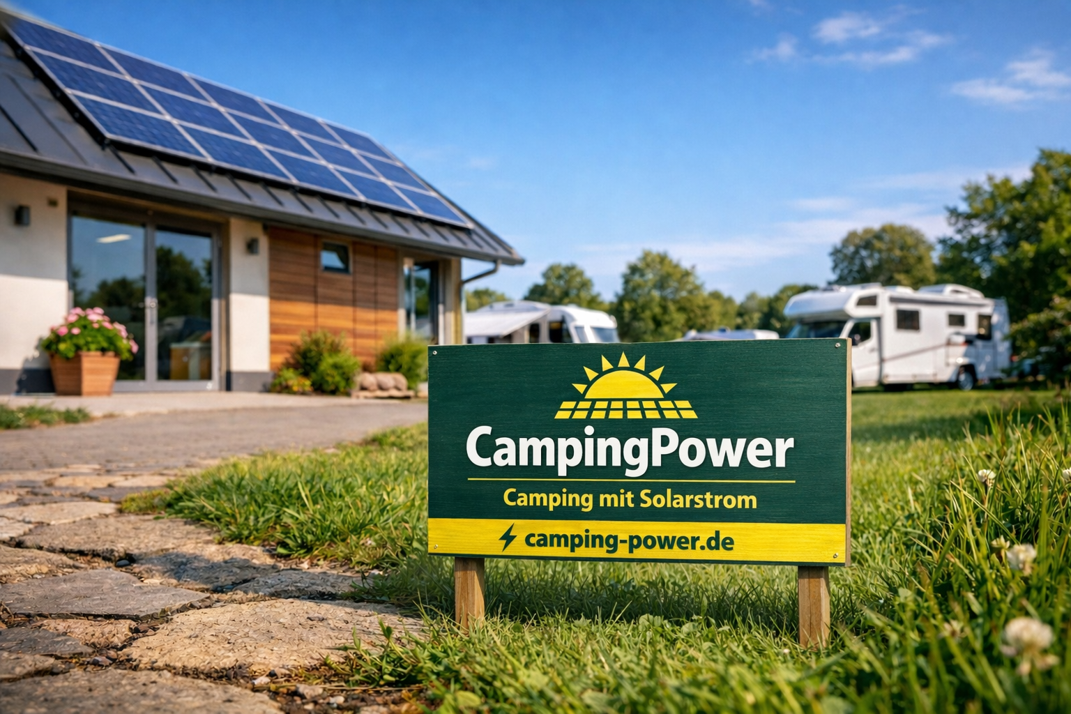 Campingplatz mit Solaranlage auf Sanitärgebäude